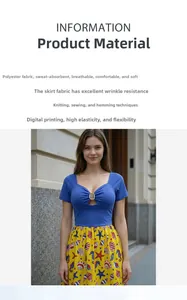 Detail of blue V-neck top with golden ring buckle and starfish print skirt fabric