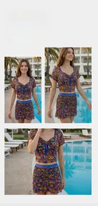 Detail of sunflower print crop top and ruffled mini skirt set with drawstring