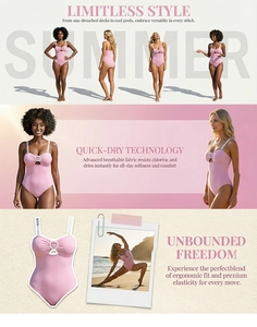 Detail of pink one-piece swimsuit with white ring hardware and quick-dry fabric texture