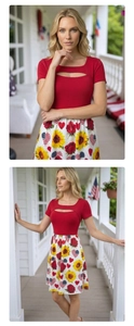 Detailed view of U-neck hollow design with sunflower and rose printed A-line skirt