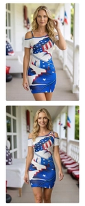 Detail of artistic American flag feather print on asymmetrical bodycon mini dress