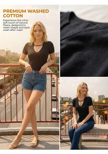 Detail view of premium washed cotton black V-neck tee with unique beaded cutout neckline