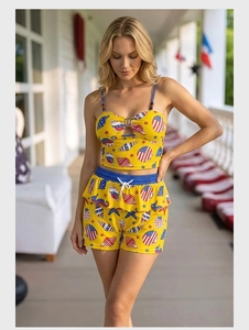 Detailed view of yellow sea-element printed camisole and shorts set for women