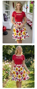 Detail of U-neck cutout bodice and floral sunflower print on A-line midi dress
