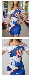 Detail of shoulder cut-out with red beads and patriotic American flag feather print