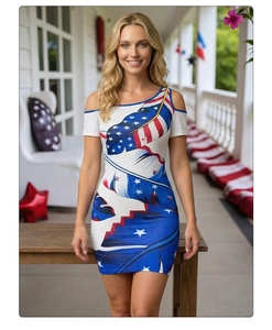 Detail of off-shoulder mini dress featuring American flag feather digital print pattern