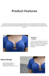 Detail of royal blue U-neck dress featuring teardrop cutout and gold metal ring accents