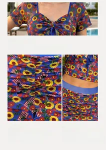 Detail of square neck top and drawstring bottoms with sunflower and flag print