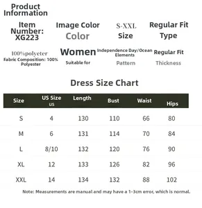 Detailed size chart for Independence Day ocean print dress with S-XXL measurements and fabric specs