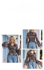 Close-up of V-neck lace ruffles and flared sleeves on retro abstract print top