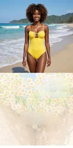 Detail of yellow one-piece swimsuit featuring a sun-shaped metal ring and thin straps