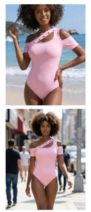Pink one-shoulder bodysuit with metallic eyelet detailing and chic asymmetrical sleeve