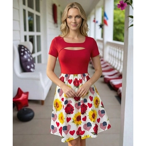 Women Casual Short Sleeve Hollow Out U Neck Patchwork Midi Dress Independence Day Flag Floral Print High Waist Summer Dress