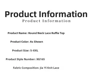 Sizing chart and fabric details for V-neck lace blouse with stylish ruffle trim