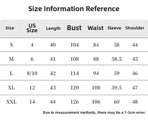 Size guide table showing US sizes and measurements for lace V-neck ruffle top S to XXL