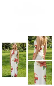 Detail of lily floral print and slim pleated waist on a white halter maxi dress