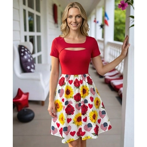 Red U-neck hollow out dress with sunflower print skirt and American flag hearts