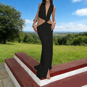 Sexy black deep V-neck floor-length dress with waist cut-outs and halter neck style