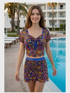 Close-up of royal blue floral cropped swim top with ruffle skirt in pool setting