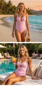 Detail of light pink one-piece swimsuit with white beaded straps and cutout ring design