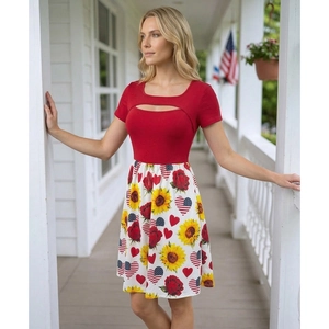 Red U-neck hollow cut-out short sleeve dress with floral American flag heart print A-line skirt
