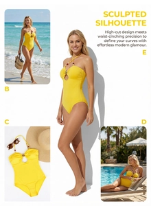 Detail of yellow halter swimsuit with gold buckle and beaded decor in a collage