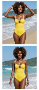 Detail of yellow one-piece swimsuit with spaghetti straps and sun metal charm on the beach