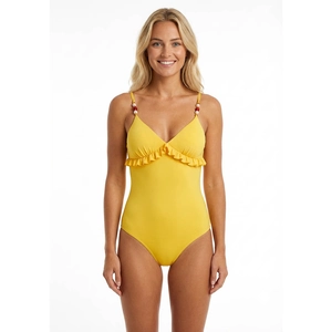 Bright yellow one-piece swimsuit with V-neck, ruffle trim, and beaded shoulder straps