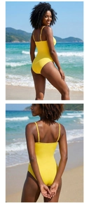 Close-up of yellow one-piece swimsuit with spaghetti straps and open back at the beach