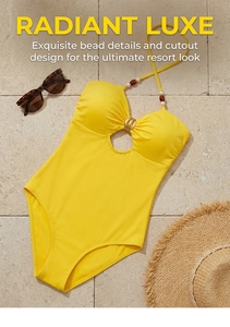 Detail of yellow halter neck swimsuit with beaded straps and metal ring cutout