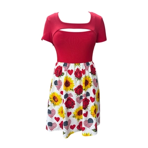 U-neck hollow out short sleeve dress with red bodice and floral American flag pattern