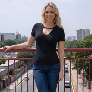 Slim fit black V-neck short sleeve T-shirt with beaded cut-out design for women