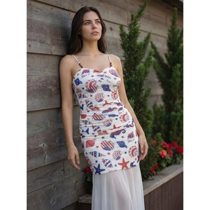 Slim fit ocean print sundress with beaded straps and mesh mermaid hemline