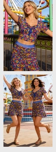 Detail view of the vibrant sunflower print and ruffle hem on the summer two-piece skirt set