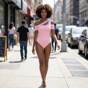 Pink one-shoulder slimming bodysuit with metal eyelet cut-outs in urban street setting