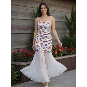 Slim fit ocean print sundress with mermaid mesh hem and red blue starfish patterns