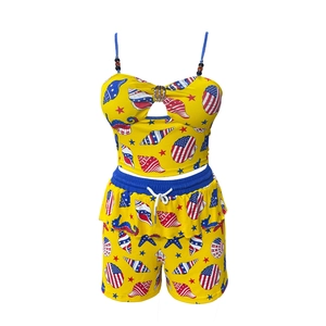 Women's two-piece Independence Day shell print camisole and ruffle shorts set in yellow