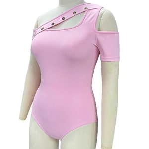 Pink one-shoulder bodysuit with metallic grommet strap and slim fit sexy cutouts