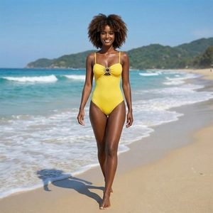 Slim fit yellow one-piece swimsuit with sun-shaped buckle for beach vacation fashion