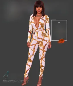 Detailed view of long sleeve jumpsuit featuring golden chain print and v-neck design