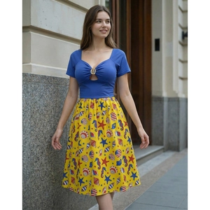 Sexy hollow-out cutout dress with blue top and yellow ocean element print skirt