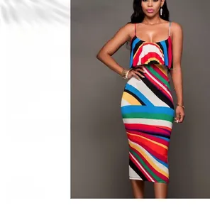Detail showing the colorful striped dress with ruffle neckline and slim-fit knitted fabric