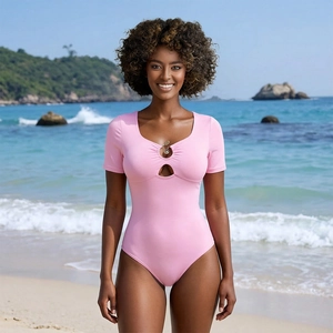 Damen Rosa Kurzarm Einteiliger Badeanzug Gerippt Ausschnitt Bademode Mit Metallring Sexy Strand Urlaub Schlankheits Swimwear