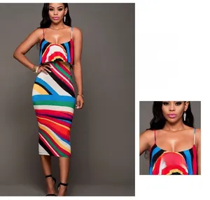 Detail view of colorful striped bodycon dress with ruffle neckline and spaghetti straps