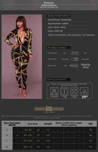 Detailed size chart for women's deep V-neck jumpsuit with chain print measurements