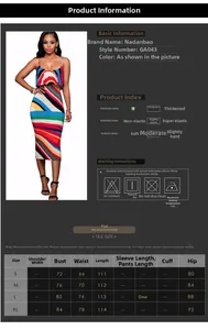 Size chart and washing guide for a colorful striped ruffle slim midi strap dress