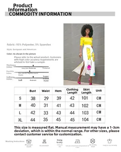 Tableau des tailles pour l'ensemble jupe florale et haut à épaules dénudées avec mesures