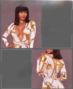 Detail of long sleeve jumpsuit with gold chain coin print and deep V-neckline
