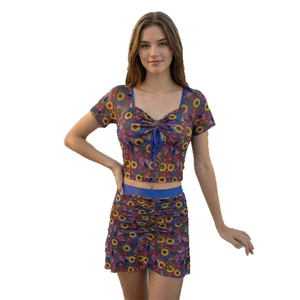 Short sleeve crop top and ruffled mini skirt set with sunflower and flag prints