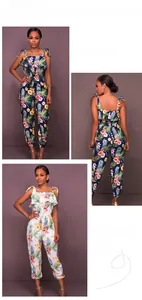 Detail view of women's floral jumpsuit with ruffle neckline and tie straps back